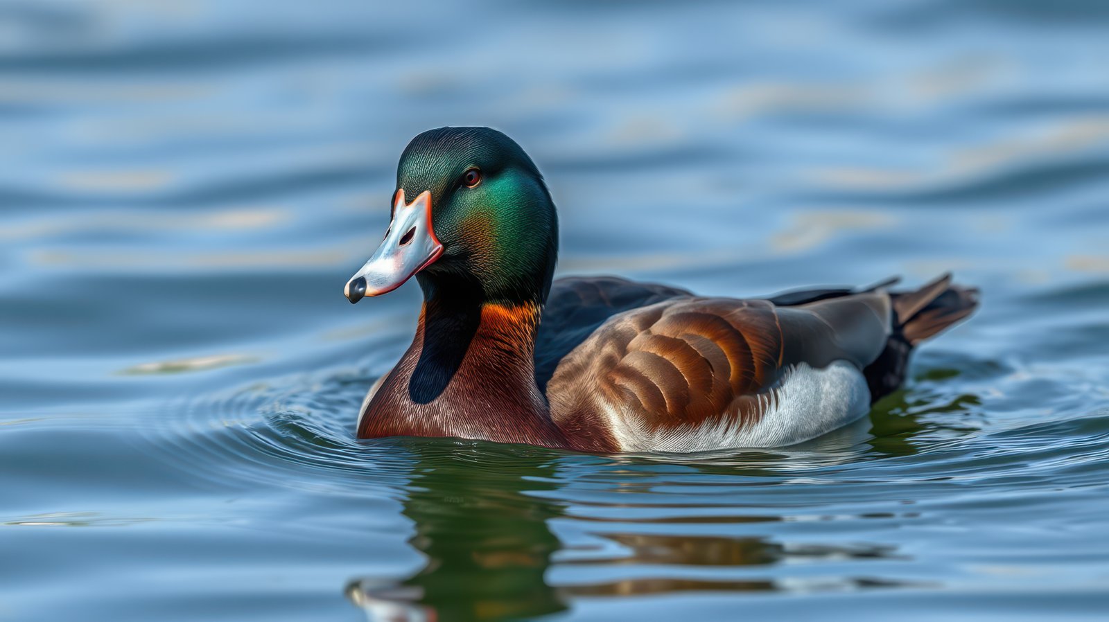 Colorful duck swims gracefully in calm waters surrounded by ripples during a sunny day